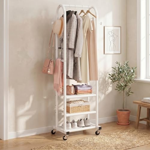 Dttwacoyh Metal Clothing Rack with Wheels and Hanging Hooks,Narrow Coat and Shoe Rack,Small Hall Tree,for Small Space, Bedroom, entryway, Walk-in Closet, Laundry Room- White - color: White