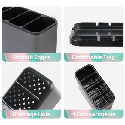LIBODOUR Utensil Holder,Stainless Steel Caddy Counter,Spoon holder,4 Compartments Silverware Caddy,Capacity Flatware Spoon Fork Tool Cutlery Holder(Grey) - color: grey