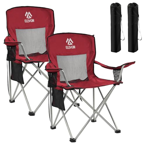 Elevon Camping Chair, Portable Folding Outdoor Chair with Arms, Cup Holder and Carry Bag - color: Burgundy-2 Pack