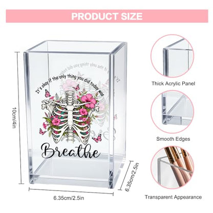 It's Okay Only Breathe Acrylic Cosmetic Pencil Pen Holder Cup, Skeleton Desk Organizer Accessories for Office, Inspirational Gifts for Women Girl Coworker Therapist Teacher Respiratory Doctor - style: Breathe B
