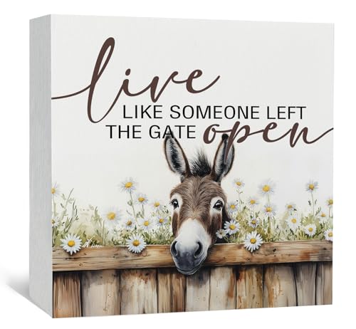 Donkey Bathroom Decor Sign - FarmHouse Cottagecore Animal Wooden Signs,Rustic Farmhouse Live Like Someone Left The Gate Open Wood Sign Home Decor,Donkey Signs For Bathroom - color: donkey, size: 5x5 in