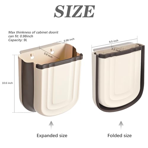 Kitchen Hanging Trash Can, 2.4 Gallon / 9L Collapsible Waste Bin, Small Kitchen Compost Bin for Food Scraps, Wall Mounted Garbage Can for Bathroom, Car, RV(Khaki) - color: Khaki