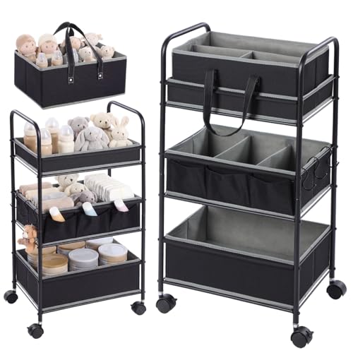 Honeydak 2in1 Baby Diaper Caddy Organizer Cart 3 Tier Large Capacity Metal Utility Bedside Rolling Cart with Divider Newborn Registry Nursery Essential Must Have Crib Bedroom Baby Shower(Black) - color: Black