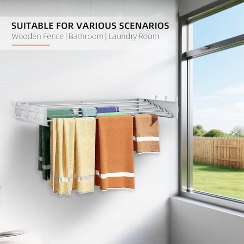 Laundry Drying Rack, Collapsible Wall Mounted Clothes Drying Rack - Foldable,Space Saving, 13.2 Linear Ft, 5 Aluminum Rods, 60 lb Capacity (White, 31.5" Wide) - size: 31.5"