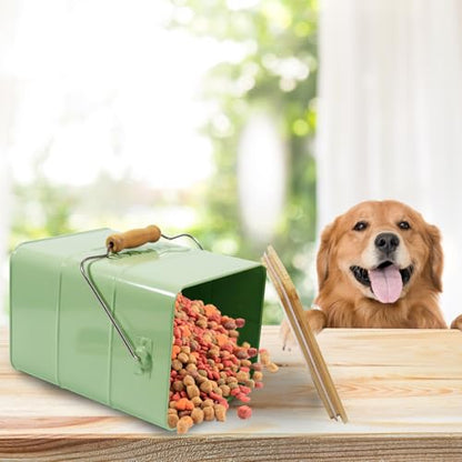 Morezi Dog Treat and Food Storage tin with Wooden lid and Scoop Included - White Powder - Carbon Steel - Dog Food bin - pet Food Container Storage Canister Green - color: Green
