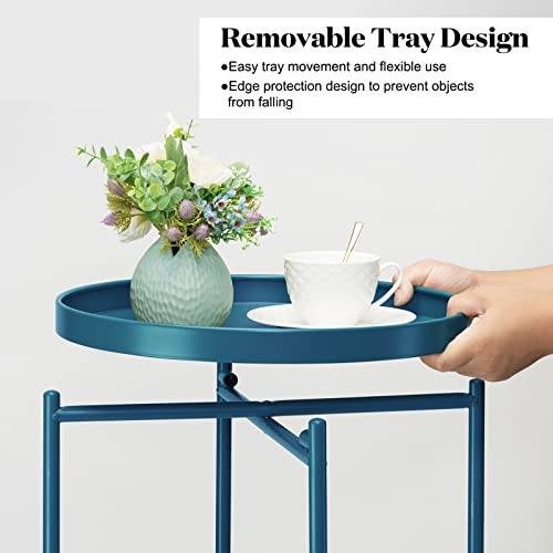 danpinera 2-Tier End Table, Outdoor Side Table Metal Round Side Table with Removable Tray, Small Accent Table, Anti-Rust Nightstand for Bedroom Balcony Patio Living Room (Navy Blue) - color: Navy Blue