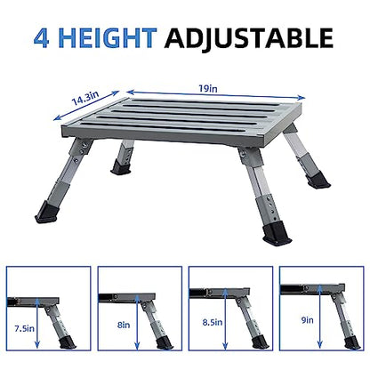 Homeon Wheels Large RV Step Stool, Adjustable Height Aluminum Folding Step Ladder with Non-Slip Rubber Feet, Heavy-Duty Design, Safety Platform for RV, Trailer, Truck, Outdoor Use, 19" x 14.3" - color: Silver