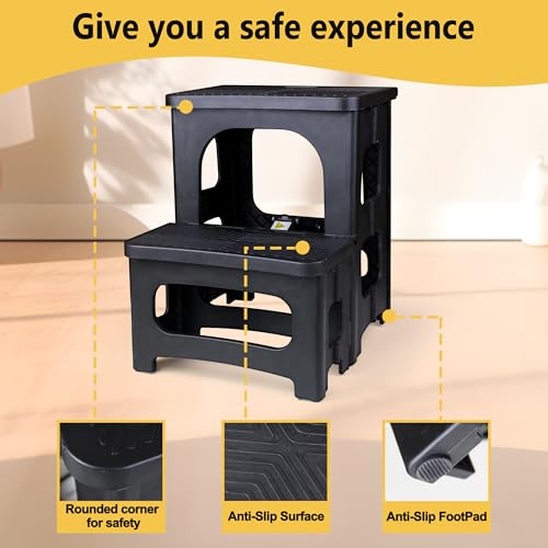 2 Step Folding Stool Non Slip 250 lb Capacity Foldable Step Stool 8 and 17 Inch Dual Height Portable Foot Stool for Kitchen Bathroom Black