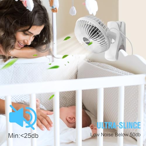 BESKAR Clip on Fan, 360° Rotation Quiet Stroller Fans with Strong Airflow,3 Speeds, Portable Small Fans with Sturdy Clamp,Perfect Personal Cooling Fan for Office Table Bedroom Kitchen - color: White