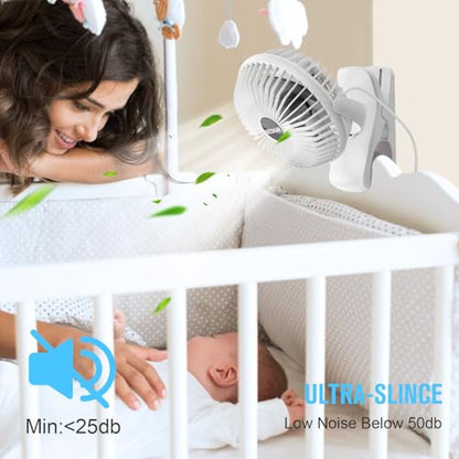 BESKAR Clip on Fan, 360° Rotation Quiet Stroller Fans with Strong Airflow,3 Speeds, Portable Small Fans with Sturdy Clamp,Perfect Personal Cooling Fan for Office Table Bedroom Kitchen - color: White