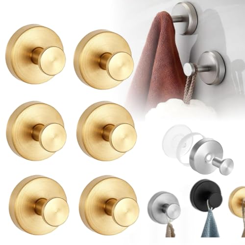 2025 Upgraded No-Drill Hooks, Suction Cup Hooks, Stainless Steel Suction Cup for Shower, Bathroom, Hanging Towels, Mounting on Glass Shower Doors, Tile, Mirrors (Gold 6PCS) - color: Gold 6PCS