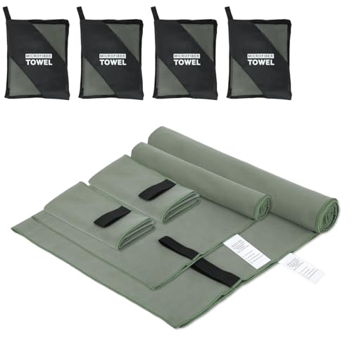 4 Pack Microfiber Travel Towel S L XL Size Set Man Women Lightweight Quick Dry Camping Bath Towels for Body Beach Yoga Swimming Pool Hiking Outdoor Sports Towel(Army Green) - color: Army Green