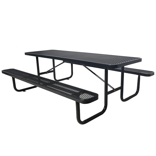 6FT Rectangular Metal Picnic Table for Outdoors, Commercial Steel Metal Picnic Tables, Heavy Duty Sturdy Picnic Tables Furniture Set for Patio Garden Courtyard BBQ, with Umbrella Hole, Black - color: Black, size: 6FT Rectangular