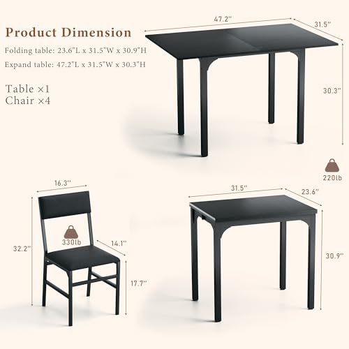 HUAHUU Dining Table Set for 4, Extendable Kitchen Table Cushion Chairs Set of 4, Rectangle Dining Table with Metal Frame & MDF Board, Folding for Small Apartment Saving Space, Black - color: Black