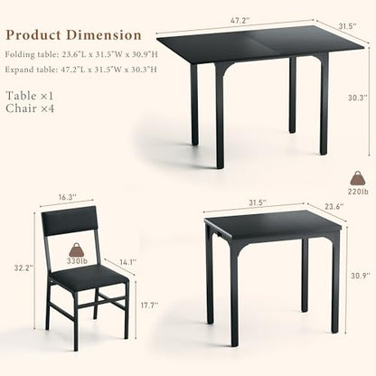 HUAHUU Dining Table Set for 4, Extendable Kitchen Table Cushion Chairs Set of 4, Rectangle Dining Table with Metal Frame & MDF Board, Folding for Small Apartment Saving Space, Black - color: Black
