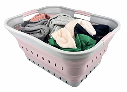 SAMMART 42L (11 gallon) Collapsible Plastic Laundry Basket - Foldable Pop Up Storage Container/Organizer - Portable Washing Tub - Space Saving Hamper/Basket (Grey/Pale Pink) - color: Grey/Pale Pink