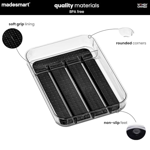 madesmart Premium Small Clear Silverware Tray, 5 Compartment Flatware Organizer for Forks, Knives & Spoons, Non Slip Base, Carbon - color: Clear/Carbon