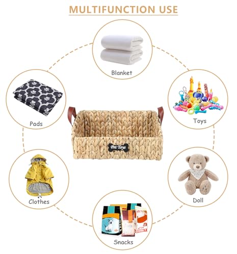 Trapezoid Pet Dog Toy Basket,Medium Dog Toy Bin,Wicker Storage Basket for Dog Cat Toys,Dog Storage Organizer for Leash Blanket Toys Snacks -Natural Farmhouse Water Hyacinth