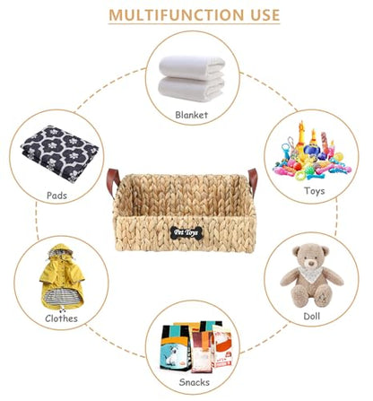 Trapezoid Pet Dog Toy Basket,Medium Dog Toy Bin,Wicker Storage Basket for Dog Cat Toys,Dog Storage Organizer for Leash Blanket Toys Snacks -Natural Farmhouse Water Hyacinth