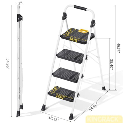 KINGRACK 4 Step Folding Ladder, 800lbs Capacity Step Stool with Safety Lock, Non-Skid Wide Pedals, and Handrail, Lightweight, Household Ladder for Home, Kitchen, Pantry, Closets, and Office Use, White - size: 4-STEP