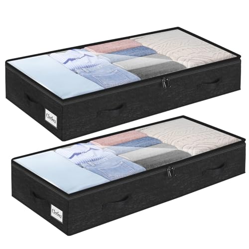 2 Pack 100L Under Bed Storage Containers, Low Profile Closet Organizers and Storage Bins for Dorm, Foldable Underbed Bag for Clothes, Blanket, Sheet, Wrapping Paper, Clear Window & Dual Zippers, Black - color: Soft-Black-2 Pack, size: 6.7 Inch