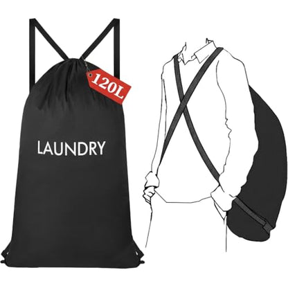 120L Heavy Duty Laundry Bag Backpack with Shoulder Straps, Waterproof Tear-Resistant Nylon Hamper Tote for Easy Carrying to Laundromat, College Dorms & Apartment Stairs - color: Black
