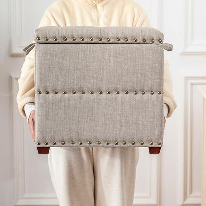 Adeco 18 Inch High Cube Ottoman Storage, Linen Beige Chair Foot Stools with Tray, Upholstered Vanity Stool with Solid Wood Legs - color: Beige With Nails