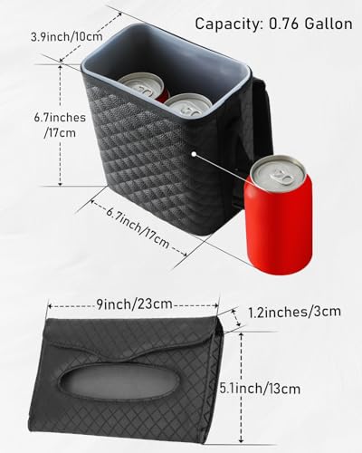 BELINOUS Leather Car Trash Can with Matching Tissue Holder | Waterproof and Leakproof, Mini Car Trash Can with Lid, Adjustable Strap, Small Garbage Bin