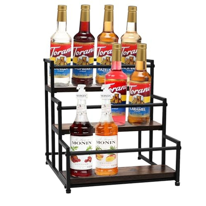 Coffee Syrup Rack - 3-Tier 12 Syrup Bottles Holder - Liquor Bottle Display Shelf - Kitchen Cabinet Organizer for Jars, Condiments - Wooden Countertop Organizer for Seasonings, Tea, or Coffee