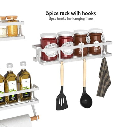 3 Pack Spice Rack Wall Mount, White | Paper Towel Holder and Hooks, Screw or Adhesive Hanging, Space Saving, For Stove, Cabinet, Pantry - color: White
