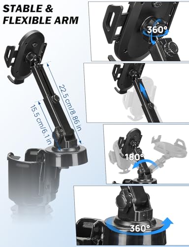 JOYTUTUS Cup Holder Phone Mount for Car, Car Cellphone Large Adapter Long Arm with 360 Degree Rotation, Compatible iPhone, Samsung & All Smartphones,Black,1 Pack - color: Black