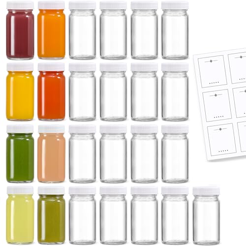 25 Pack 2 oz Glass Shot Bottles w/ White Lids & 25 Labels - Small Clear Jar for Ginger, Wellness Shot, Juice, Sample, Whiskey - Travel Essentials Mini Bottles - Wide Mouth, Leakproof, Dishwasher Safe - color: White Lid, size: 25 Pack