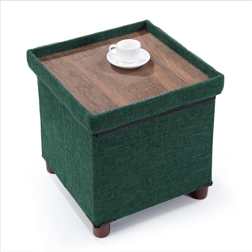 15 Inches Storage Ottoman with Wooden Legs, Cube Foot Rest Stool/Square Footstool Storage for Living Room, Foldable Fabric Ottoman, Comfortable Seat with Lid, Space-Saving Green - color: Squ Green