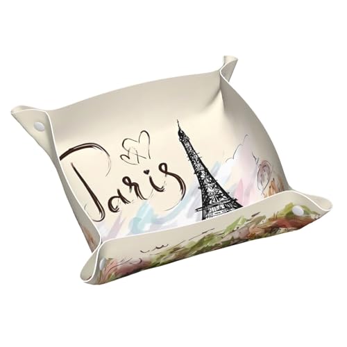 The Famous Paris Eiffel Tower Leather Vanity Tray Desktop Storage Organizer, Decorative Catchall Perfume Tray, Bathroom Valet Tray,Nightstand Caddy Holder for Keys Phone Wallet Coin Jewelry, S - color: The Famous Paris Eiffel Tower, size: 7.9" x 7.9" x 0.