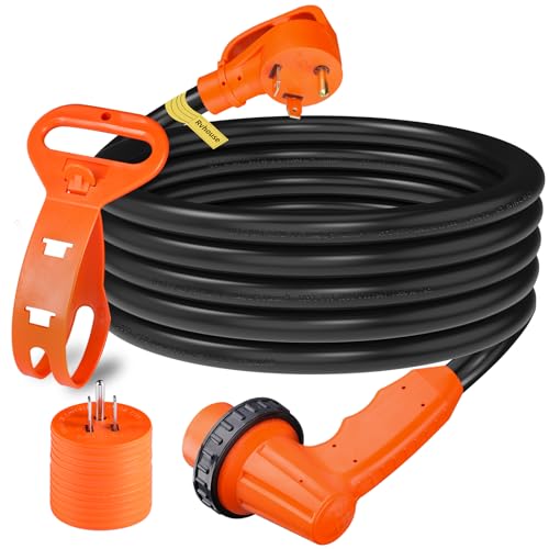 25 ft 30A RV Extension Cord, TT-30P to L5-30R, 10/3 STW | ETL Listed Outdoor Cord with Locking Connector, Grip Handle, Organizer and 5-15P to TT-30R Adapter for RV Power - size: 25 ft