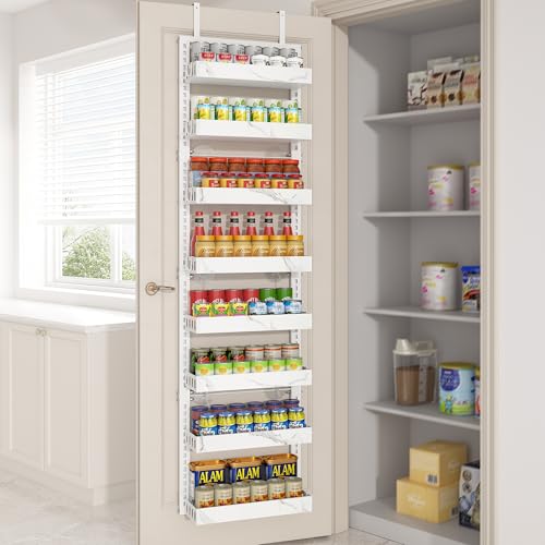 BUKFEN 8-Tier Over the Door Pantry Organizer, 2-in-1 Door Hanging or Wall Mounted Spice Rack, Heavy Duty Metal Storage Shelves with Adjustable Baskets for Kitchen Bathroom Closet - color: White pole marble color, size: 8 Tier