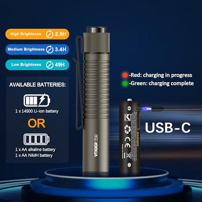 VTIGER T1A Mini Pocket EDC Flashlight with Clip,1300 Lumen Compact AA Rechargeable LED Little Flashlights, Super Bright Tail Switch Small Flash Light with Magnet for Camping,Hiking,Outdoor,Emergency - color: Brown
