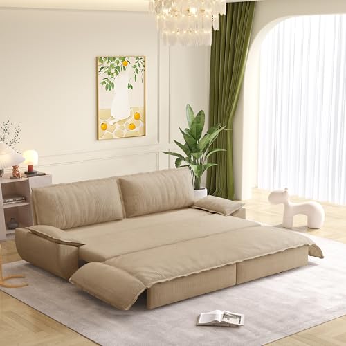 KEIKI 73.2" Luxury Queen Sleeper Sofa Bed, 3-in-1 Convertible Pull Out Couch with Chaise Lounge, Plush Corduroy Cloud Loveseat Sofa for Deep Relaxation Living Room Bedroom Comfort Seating - color: Camel, size: 73.2 Inch Queen