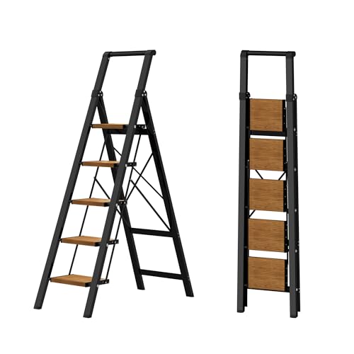 HillhutApex 5 Step Foldable Aluminum Step Ladder with Handgrip, Anti-Slip Pedal, 330 lbs Capacity, Lightweight & Portable for Home, Kitchen, Office, Garage (Black Woodgrain) - color: Black&woodgrain, size: 5 Step With Handrail
