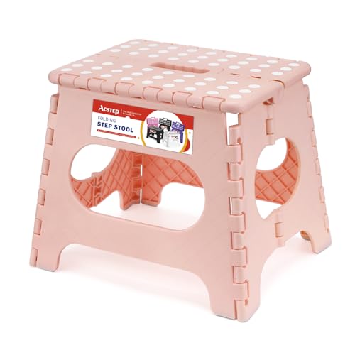 ACSTEP Folding Step Stool 11 Inch, Sturdy Plastic Foldable Step Stool for Kids & Adults, Non Slip Lightweight Collapsible Foot Stools Holds 300 lbs, Ideal for Kitchen, Bathroom, Bedroom, Light Pink - color: Light Pink, size: 11 Inch( Pack of 1)