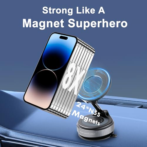 2026 Upgraded Vacuum Magnetic Car Phone Holder, 360° Adjustable Magsafe Car Mount with 90 LBS Ultra Suction Cup, Cell Phone Holders for Car/Gym/Mirror, fit iPhone & Android