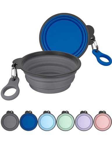 Aonkey Collapsible Dog Bowls with Bottle Carrier, 2 Pack Travel Dog Water Bowl Upgraded Carabiner, One-piece Molded Rim No Fall Off or Crack, Foldable Silicone Portable for Pets Walking Hiking 37oz - color: 6. Gray & Navy Blue, size: Large (Pack of 2)