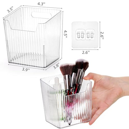 WRINGKIT 6 Pack Wall Mount Storage Bins, Plastic Clear Shower Basket Caddy with Self-Adhesive Hooks, Stackable Hanging Bin Basket Organizer Holder for Cabinet, Kitchen, Bathroom, Pantry, Under Sink