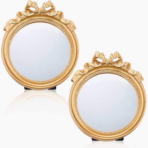 Threehoney 2 Pack Portable Small Vintage Gold Bow Mirror 6" Round Vintage Makeup Desk Mirror for Bedroom, Bathroom, Table Decoration - size: 6"