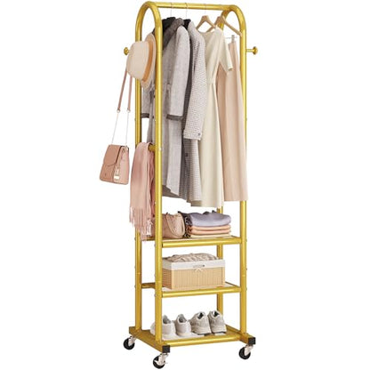 Dttwacoyh Metal Clothing Rack with Wheels and Hanging Hooks,Narrow Coat and Shoe Rack,Small Hall Tree,for Small Space, Bedroom, entryway, Walk-in Closet, Laundry Room-Gold - color: Gold