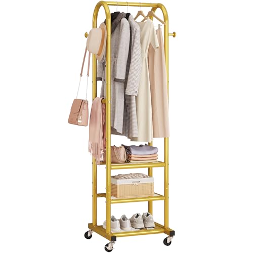 Dttwacoyh Metal Clothing Rack with Wheels and Hanging Hooks,Narrow Coat and Shoe Rack,Small Hall Tree,for Small Space, Bedroom, entryway, Walk-in Closet, Laundry Room-Gold - color: Gold