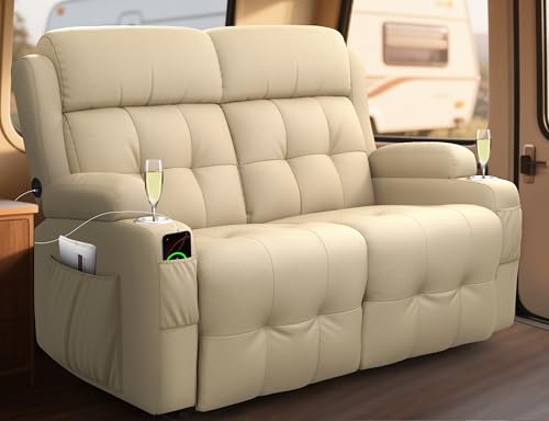 RV Loveseat Recliner Sofa, Wall Hugger Recliners with USB Port, Cup Holders & Storage Pockets, Pebbled Fabric Reclining Couch, 150° Manual Sleeper Sofa for RV Furniture & Home Theater Seating - color: Pebbled Beige White, size: Loveseat-G1