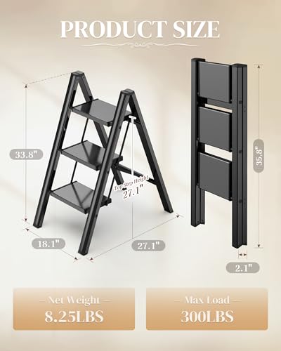 3 Step Ladder, Folding Step Stool with Wider Pedal, Anti-Slip Feet & Non Slip Stripes, Aluminum Sturdy Material, 300Lbs Capacity, Elegant Look of Piano Black Better Matches Your Home - color: Black, size: 3 Step
