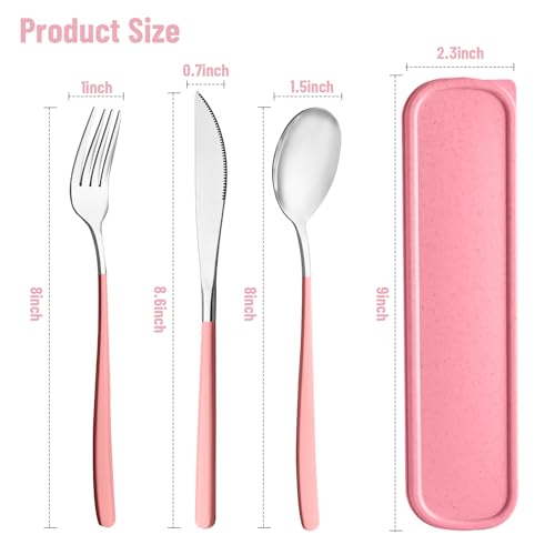 Travel Utensils with Case, 4pc Reusable Utensils Set with Case, Camping Utensil Set, Portable Silverware Lunch Utensils Set for Work Camping School (Pink) - color: Pink