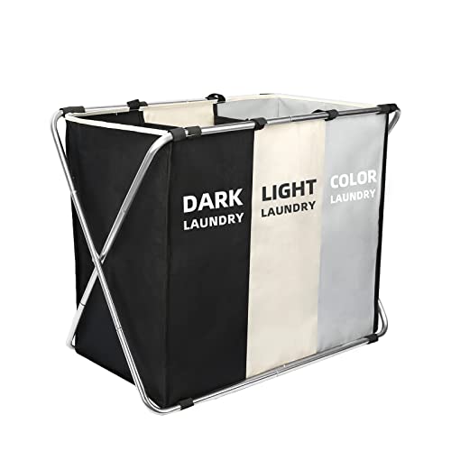 Laundry Cloth Hamper Sorter Basket Bin Foldable 3 Sections with stainless steel Frame Washing Storage Dirty Clothes Bag for Bathroom Bedroom Home Storage Basket(3 Liner, White+grey+black) - color: White+grey+black